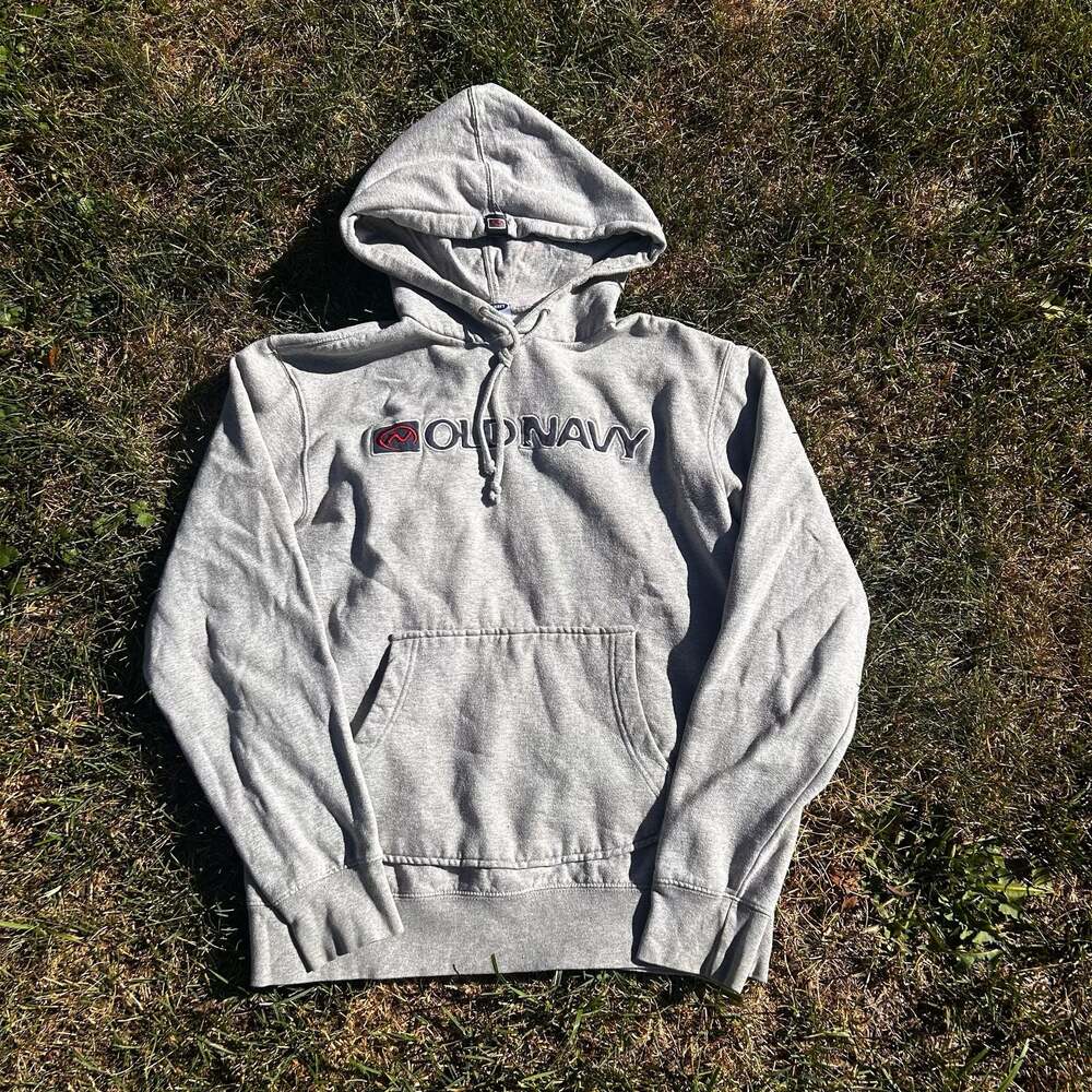 Vintage Old Navy Embroidered Logo Pullover Hoodie in Heather Gray